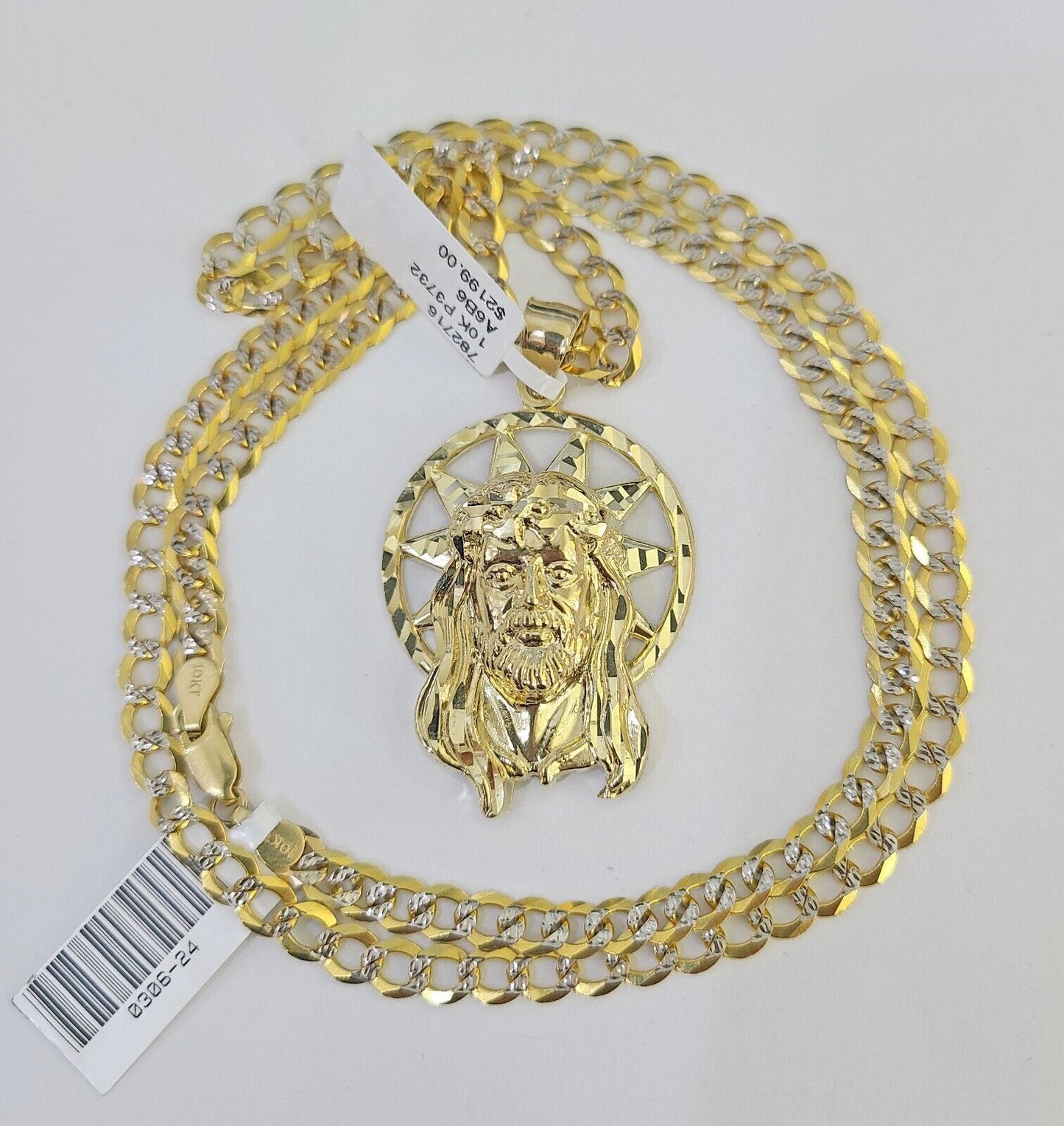 10k Gold Chain Jesus Head Charm Solid Cuban Curb Link 5mm 18" - 28" Inch SET - GoldenlinQ