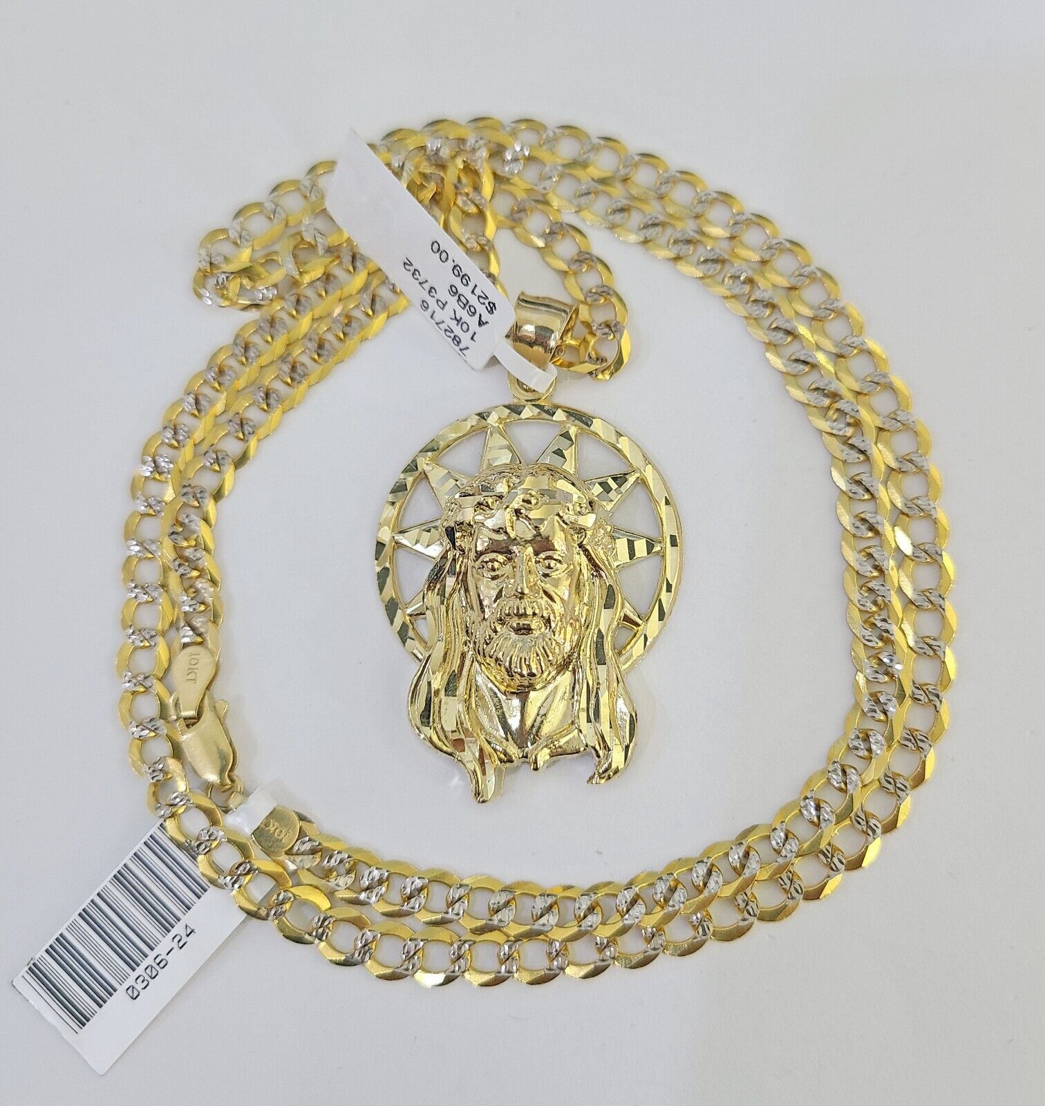 10k Gold Chain Jesus Head Charm Solid Cuban Curb Link 5mm 18" - 28" Inch SET - GoldenlinQ