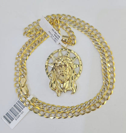 10k Gold Chain Jesus Head Charm Solid Cuban Curb Link 5mm 18" - 28" Inch SET - GoldenlinQ