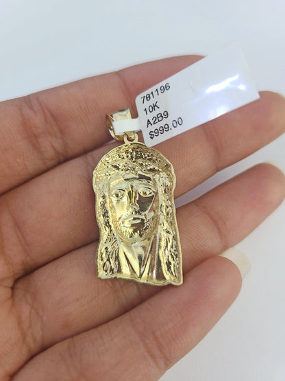10k Gold Chain Jesus Head Charm Solid Cuban Curb Link 5mm 18" - 28" Inch SET - GoldenlinQ