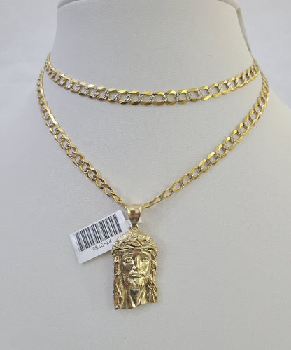 10k Gold Chain Jesus Head Charm Solid Cuban Curb Link 5mm 18" - 28" Inch SET - GoldenlinQ