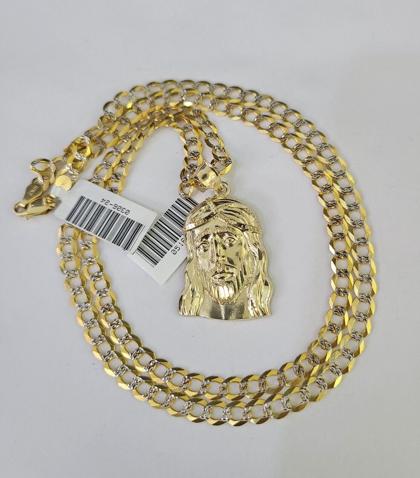 10k Gold Chain Jesus Head Charm Solid Cuban Curb Link 5mm 18" - 28" Inch SET - GoldenlinQ