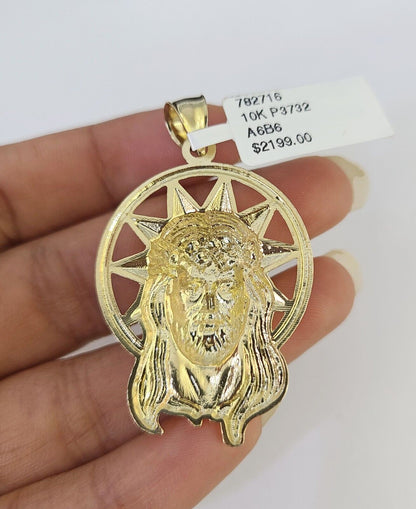 10k Gold Chain Jesus Head Charm Solid Cuban Curb Link 5mm 18" - 28" Inch SET - GoldenlinQ