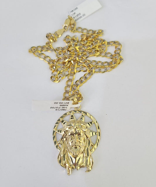 10k Gold Chain Jesus Head Charm Solid Cuban Curb Link 5mm 18" - 28" Inch SET - GoldenlinQ