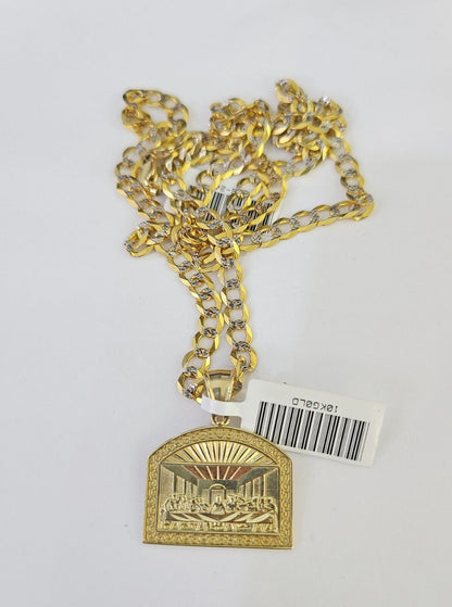 10k Gold Chain Last Supper Charm Solid Cuban Curb Link 5mm 18" - 28" Inch SET - GoldenlinQ
