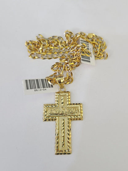 10k Gold Chain Last Supper Cross Charm Solid Cuban Curb 5mm 18" - 28" Inch SET - GoldenlinQ