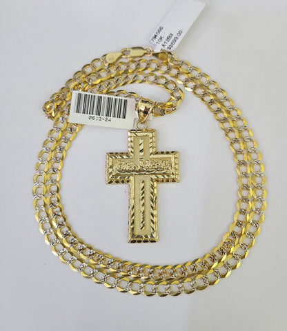 10k Gold Chain Last Supper Cross Charm Solid Cuban Curb 5mm 18" - 28" Inch SET - GoldenlinQ