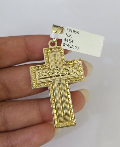 10k Gold Chain Last Supper Cross Charm Solid Cuban Curb 5mm 18" - 28" Inch SET - GoldenlinQ
