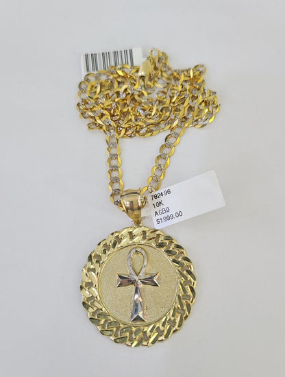 10k Gold Chain Medallion Ankh Charm Solid Cuban Curb Link 5mm 18" - 28" Inch SET - GoldenlinQ