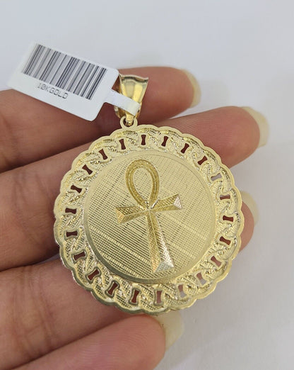 10k Gold Chain Medallion Ankh Charm Solid Cuban Curb Link 5mm 18" - 28" Inch SET - GoldenlinQ