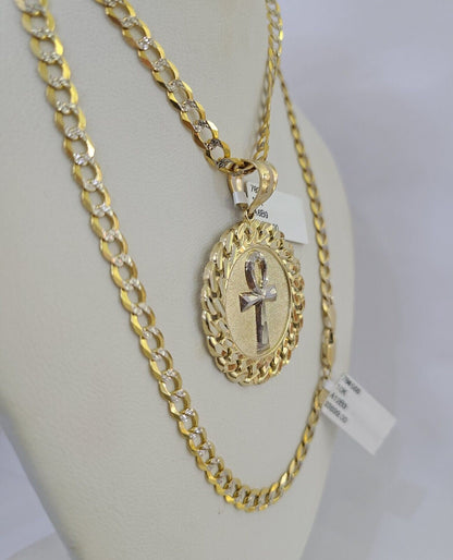 10k Gold Chain Medallion Ankh Charm Solid Cuban Curb Link 5mm 18" - 28" Inch SET - GoldenlinQ