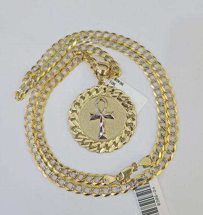 10k Gold Chain Medallion Ankh Charm Solid Cuban Curb Link 5mm 18" - 28" Inch SET - GoldenlinQ