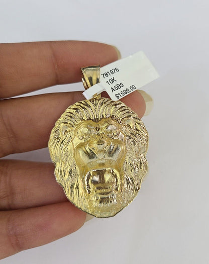 10k Gold Chain Roaring Lion Charm Solid Cuban Curb 5mm 18" - 28" Inch SET Necklace - GoldenlinQ