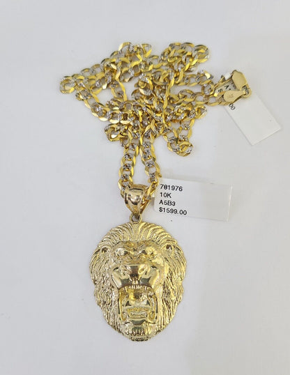 10k Gold Chain Roaring Lion Charm Solid Cuban Curb 5mm 18" - 28" Inch SET Necklace - GoldenlinQ