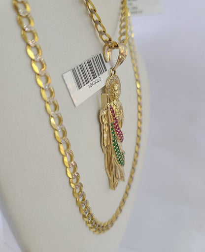 10k Gold Chain Saint Jude Charm Solid Cuban Curb Link 5mm 18" - 28" Inch SET - GoldenlinQ