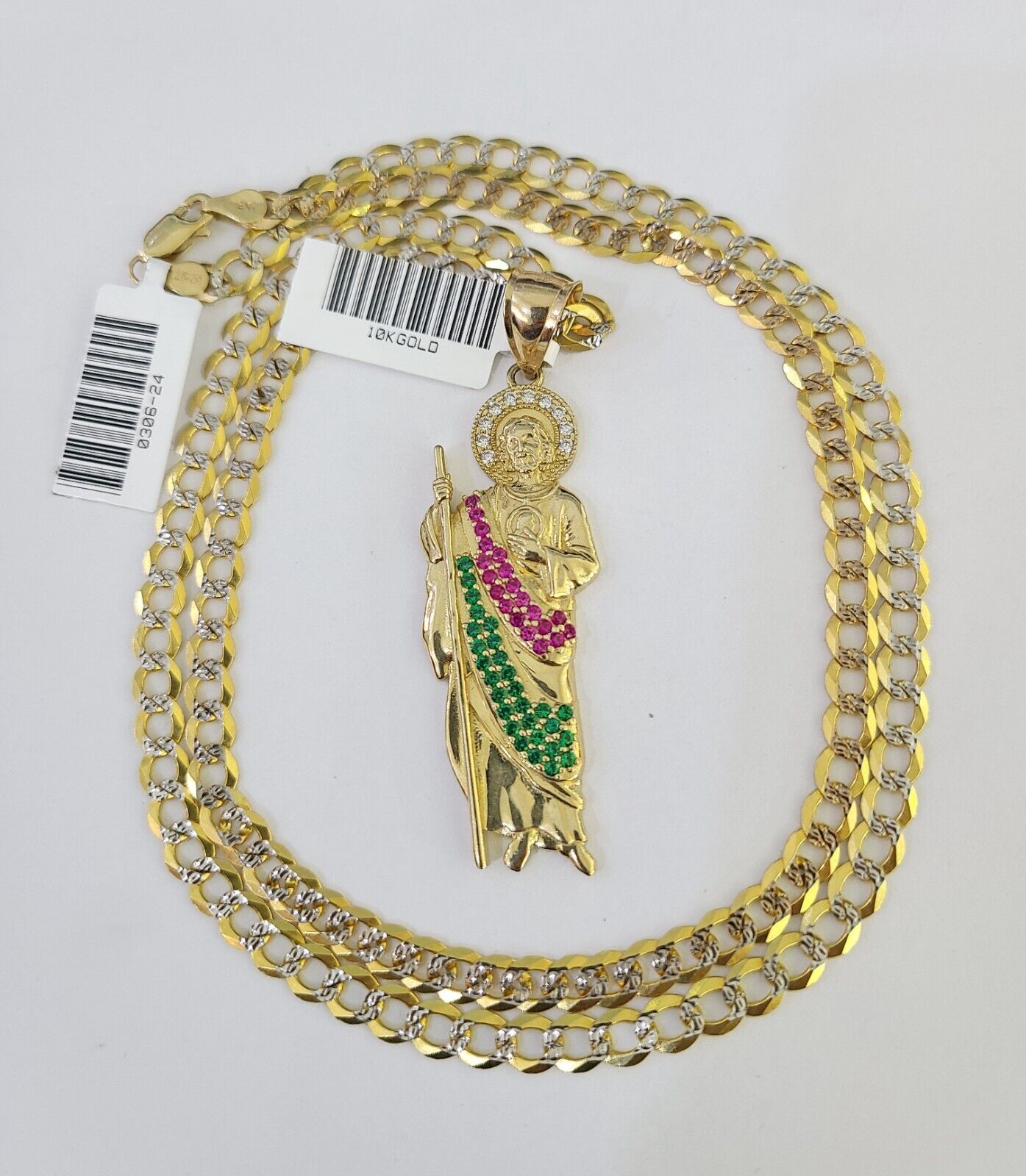 10k Gold Chain Saint Jude Charm Solid Cuban Curb Link 5mm 18" - 28" Inch SET - GoldenlinQ