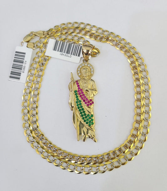 10k Gold Chain Saint Jude Charm Solid Cuban Curb Link 5mm 18" - 28" Inch SET - GoldenlinQ