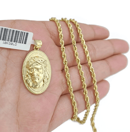 10k Gold Circular Jesus Head Charm Rope Chain Necklace 3mm 18'' Set Pendant 10kt - Reva Jeweler
