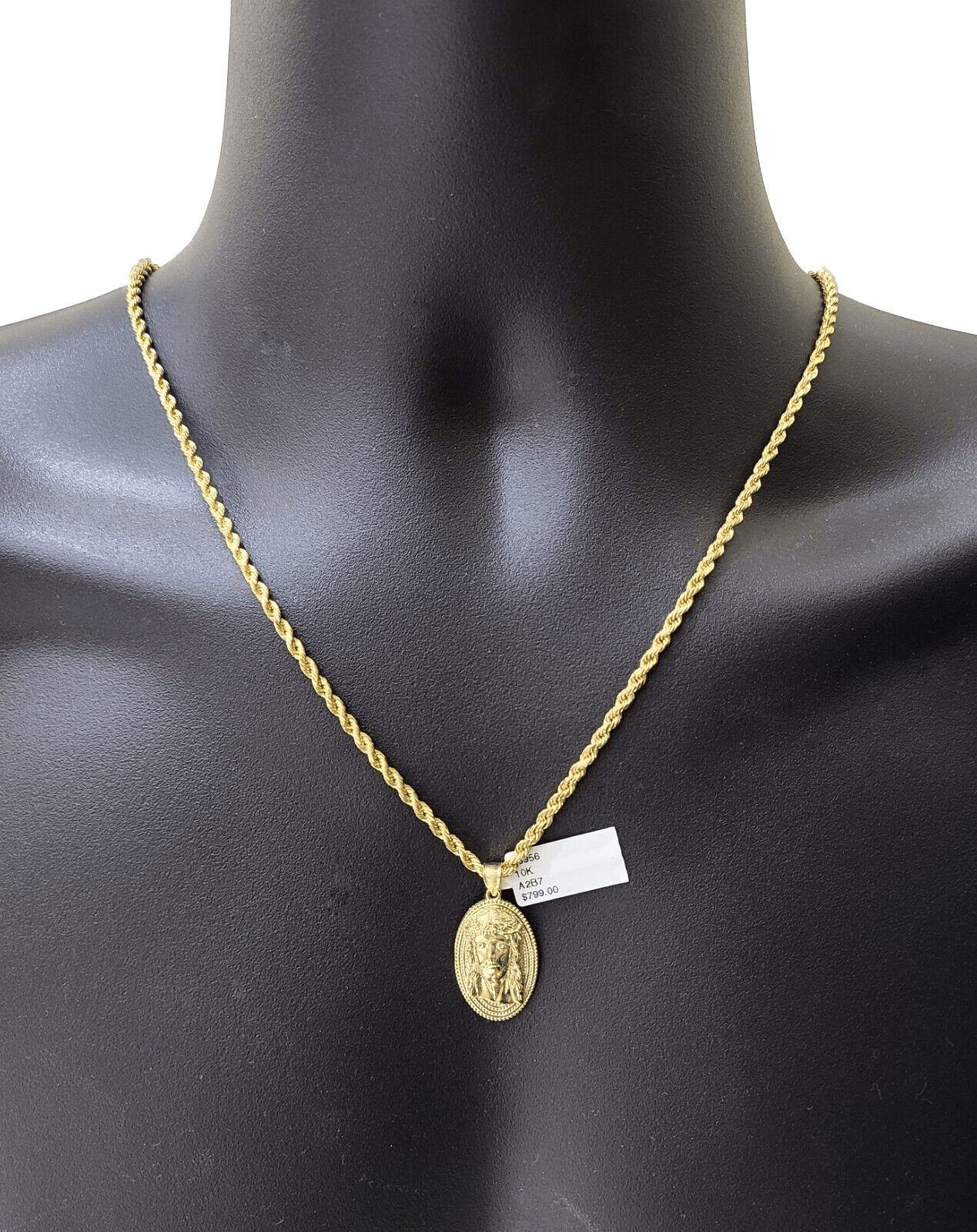 10k Gold Circular Jesus Head Charm Rope Chain Necklace 3mm 18''Set Pendant 10kt - Reva Jeweler