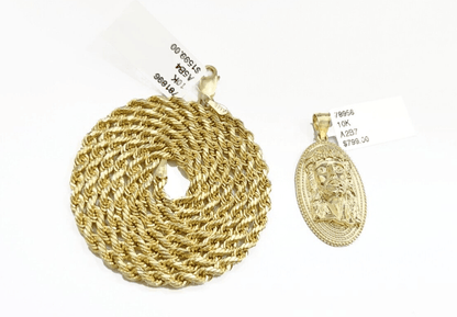 10k Gold Circular Jesus Head Charm Rope Chain Necklace 3mm 18''Set Pendant 10kt - Reva Jeweler