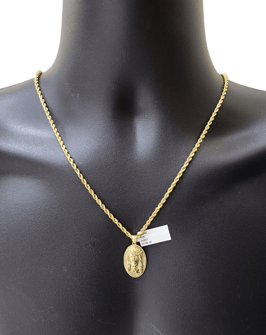 10k Gold Circular Jesus Head Charm Rope Chain Necklace 3mm 20'' Set Pendant 10kt - Reva Jeweler