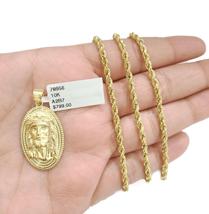 10k Gold Circular Jesus Head Charm Rope Chain Necklace 3mm 20'' Set Pendant 10kt - Reva Jeweler