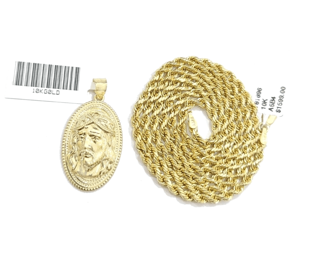 10k Gold Circular Jesus Head Charm Rope Chain Necklace 3mm 22''Set Pendant 10kt - Reva Jeweler