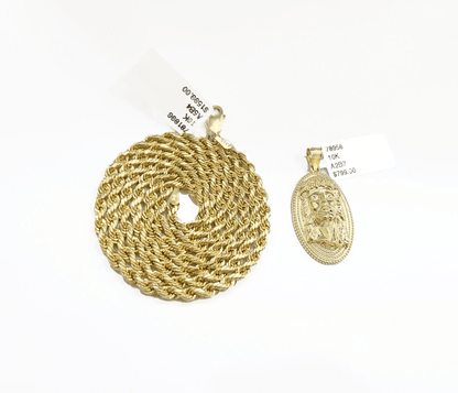 10k Gold Circular Jesus Head Charm Rope Chain Necklace 3mm 22''Set Pendant 10kt - Reva Jeweler