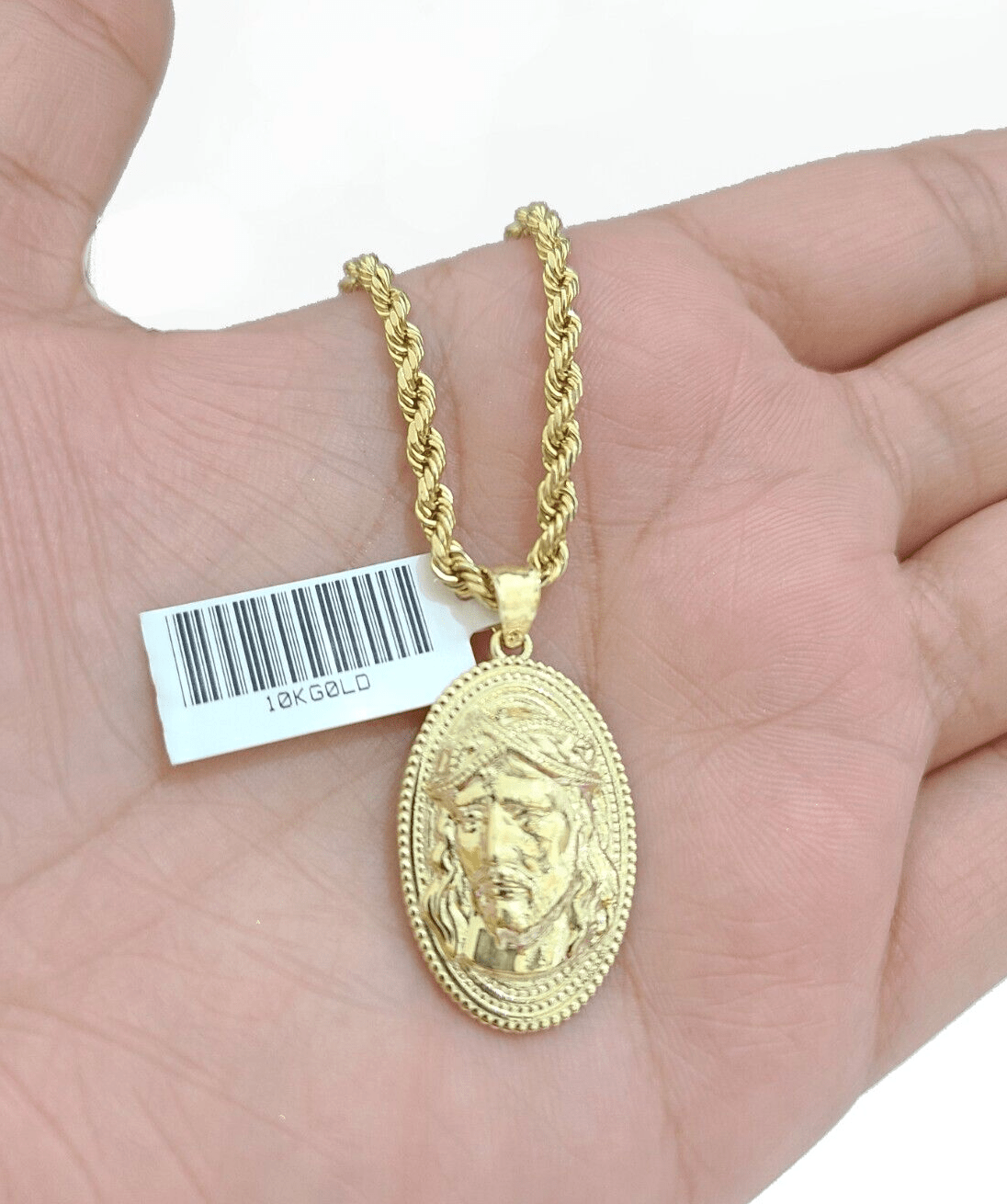 10k Gold Circular Jesus Head Charm Rope Chain Necklace 3mm 22''Set Pendant 10kt - Reva Jeweler