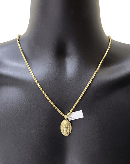 10k Gold Circular Jesus Head Charm Rope Chain Necklace 3mm 22''Set Pendant 10kt - Reva Jeweler