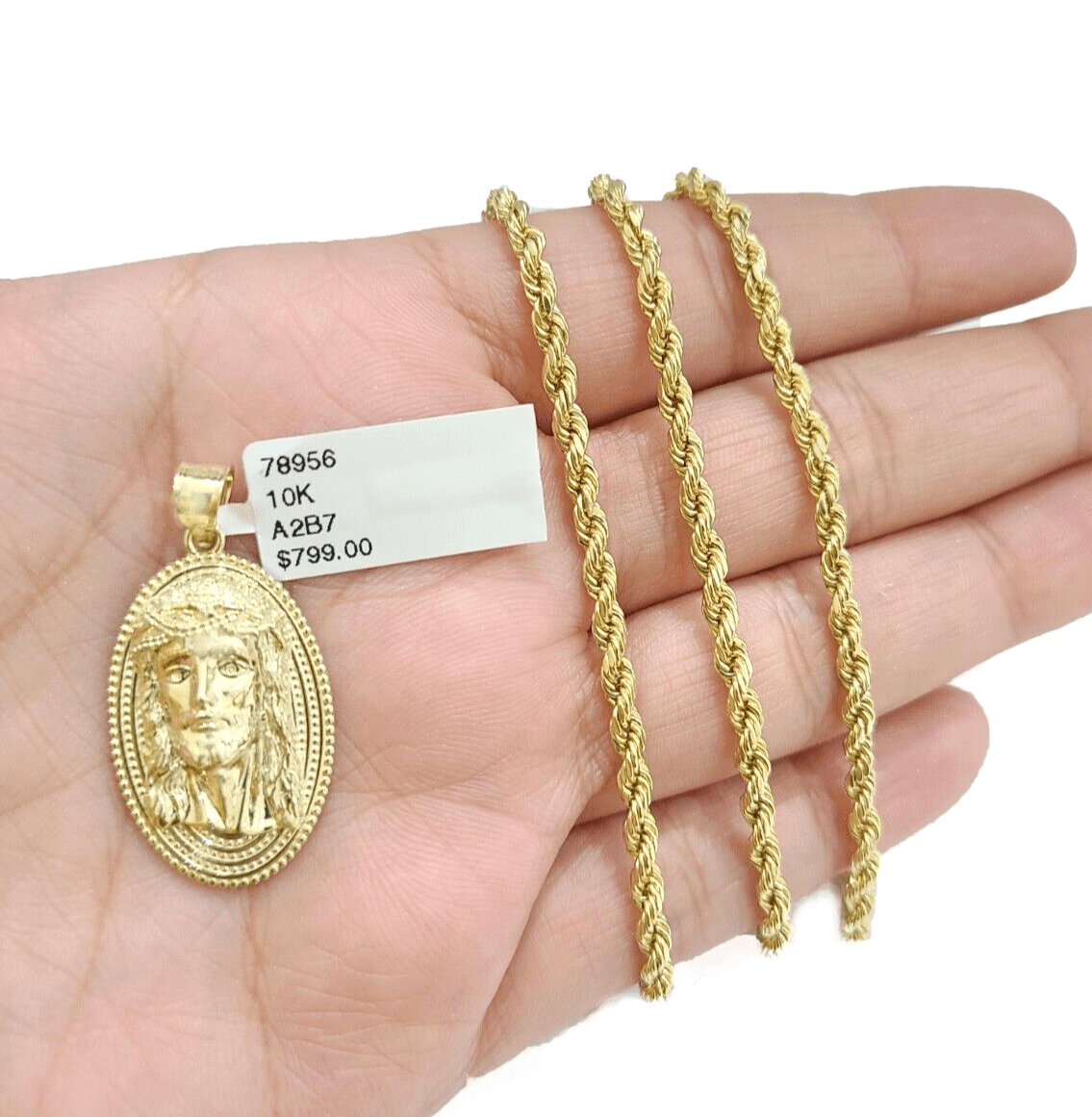 10k Gold Circular Jesus Head Charm Rope Chain Necklace 3mm 24'' Set Pendant 10kt - Reva Jeweler