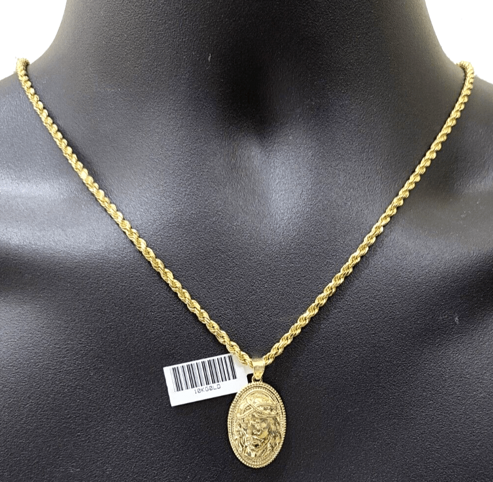 10k Gold Circular Jesus Head Charm Rope Chain Necklace 3mm 24'' Set Pendant 10kt - Reva Jeweler