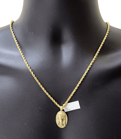 10k Gold Circular Jesus Head Charm Rope Chain Necklace 3mm 24'' Set Pendant 10kt - Reva Jeweler