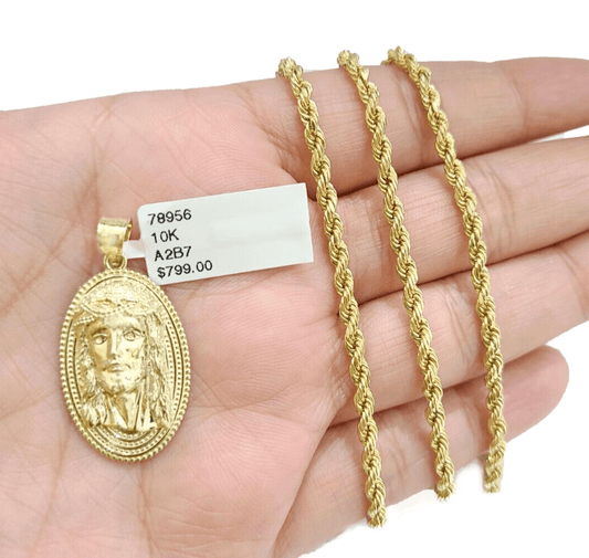 10k Gold Circular Jesus Head Charm Rope Chain Necklace 3mm 26'' Set Pendant 10kt - Reva Jeweler