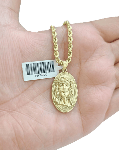 10k Gold Circular Jesus Head Charm Rope Chain Necklace 3mm 26'' Set Pendant 10kt - Reva Jeweler