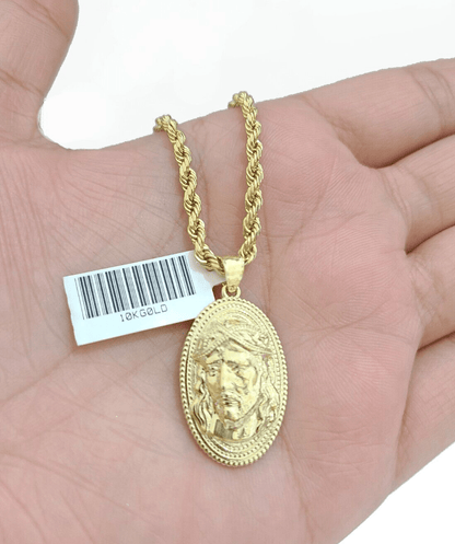 10k Gold Circular Jesus Head Charm Rope Chain Necklace 3mm 26'' Set Pendant 10kt - Reva Jeweler