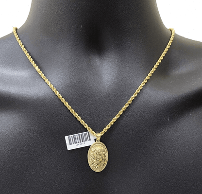 10k Gold Circular Jesus Head Charm Rope Chain Necklace 3mm 26'' Set Pendant 10kt - Reva Jeweler