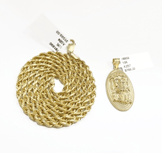 10k Gold Circular Jesus Head Charm Rope Chain Necklace 3mm 28'' Set Pendant 10kt - Reva Jeweler