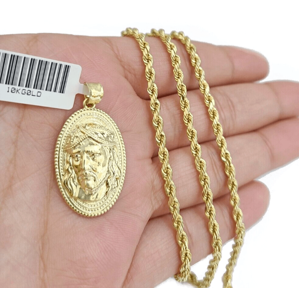 10k Gold Circular Jesus Head Charm Rope Chain Necklace 3mm 28'' Set Pendant 10kt - Reva Jeweler