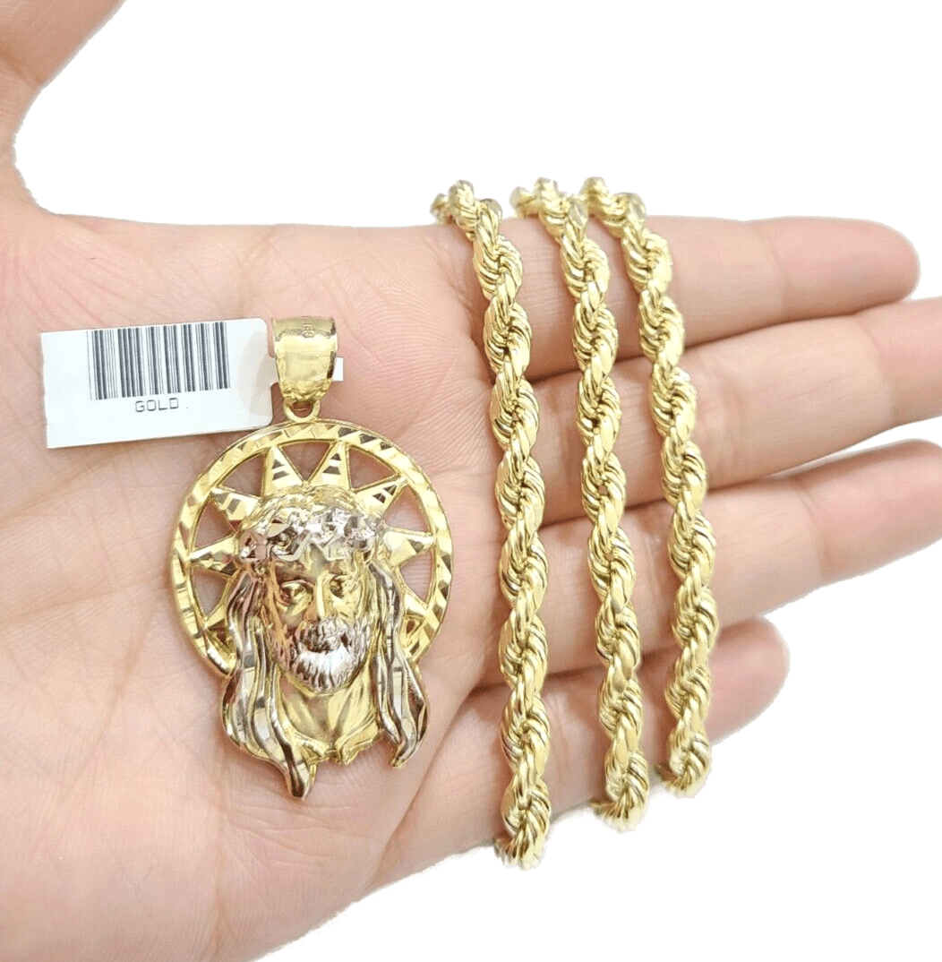 10k Gold Circular Jesus Star Head Charm Rope Chain Necklace 6mm 20'' Set Pendant - Reva Jeweler
