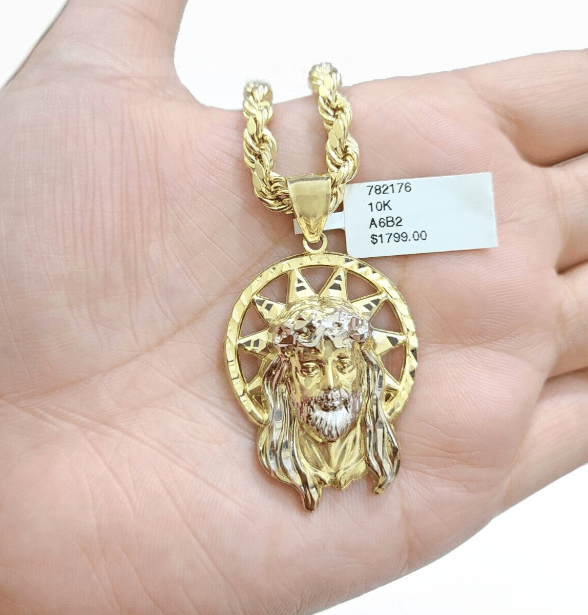 10k Gold Circular Jesus Star Head Charm Rope Chain Necklace 6mm 22'' Set Pendant - Reva Jeweler