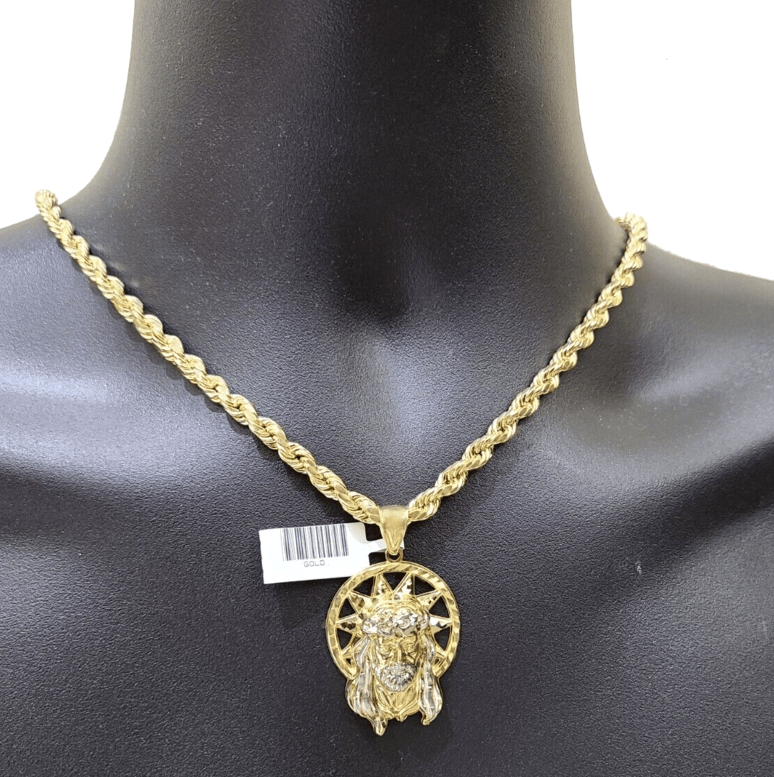 10k Gold Circular Jesus Star Head Charm Rope Chain Necklace 6mm 22'' Set Pendant - Reva Jeweler