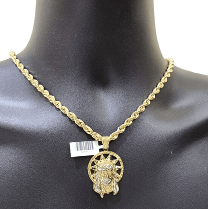 10k Gold Circular Jesus Star Head Charm Rope Chain Necklace 6mm 22'' Set Pendant - Reva Jeweler