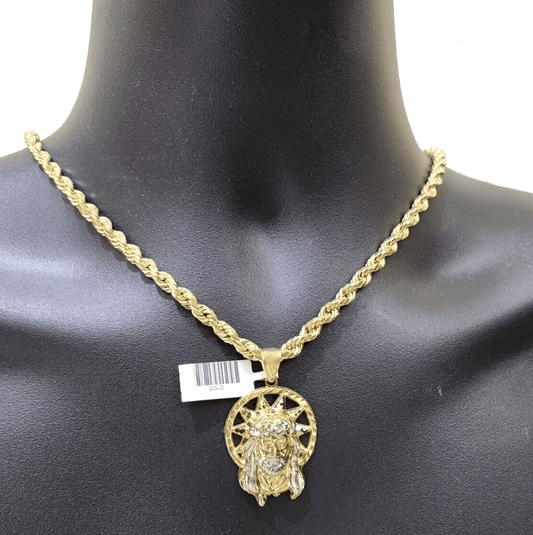 10k Gold Circular Jesus Star Head Charm Rope Chain Necklace 6mm 22'' Set Pendant - Reva Jeweler