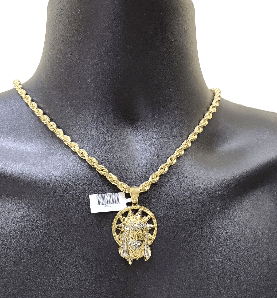 10k Gold Circular Jesus Star Head Charm Rope Chain Necklace 6mm 24'' Set Pendant - Reva Jeweler