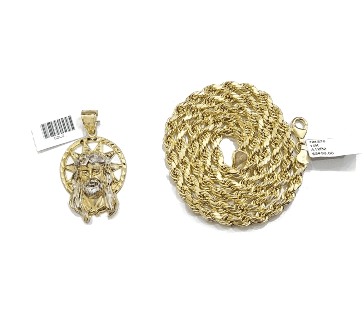 10k Gold Circular Jesus Star Head Charm Rope Chain Necklace 6mm 26'' Set Pendant - Reva Jeweler