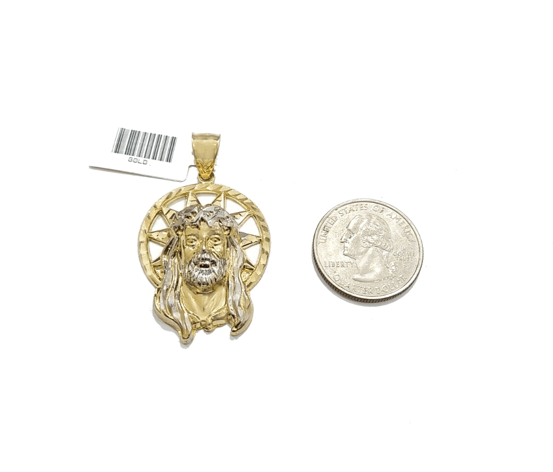 10k Gold Circular Jesus Star Head Charm Rope Chain Necklace 6mm 28'' Set Pendant - Reva Jeweler