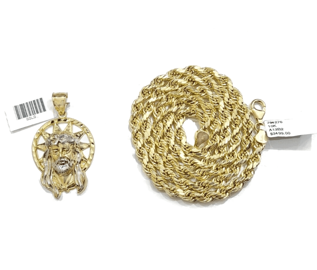 10k Gold Circular Jesus Star Head Charm Rope Chain Necklace 6mm 28'' Set Pendant - Reva Jeweler