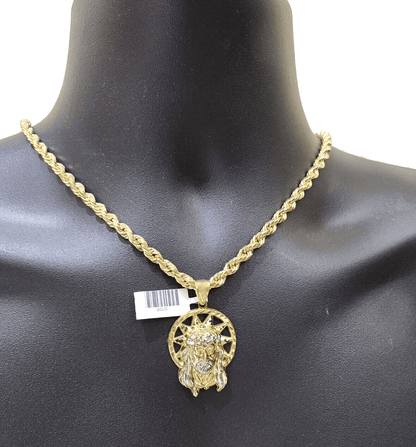10k Gold Circular Jesus Star Head Charm Rope Chain Necklace 6mm 30'' Set Pendant - Reva Jeweler