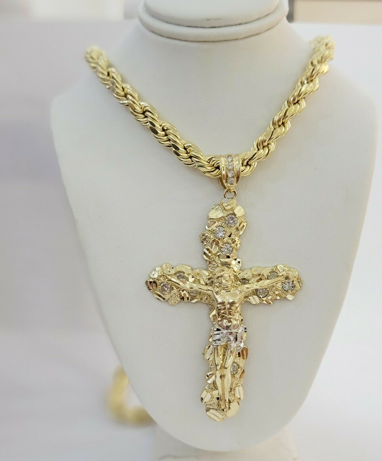 10k Gold Cross Pendant Men's 3.5 Inch long10kt Yellow Gold Jesus Crucifix, REAL - Reva Jeweler